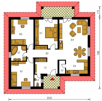 Spiegelverkehrter Entwurf | Grundriss des Erdgeschosses - BUNGALOW 2